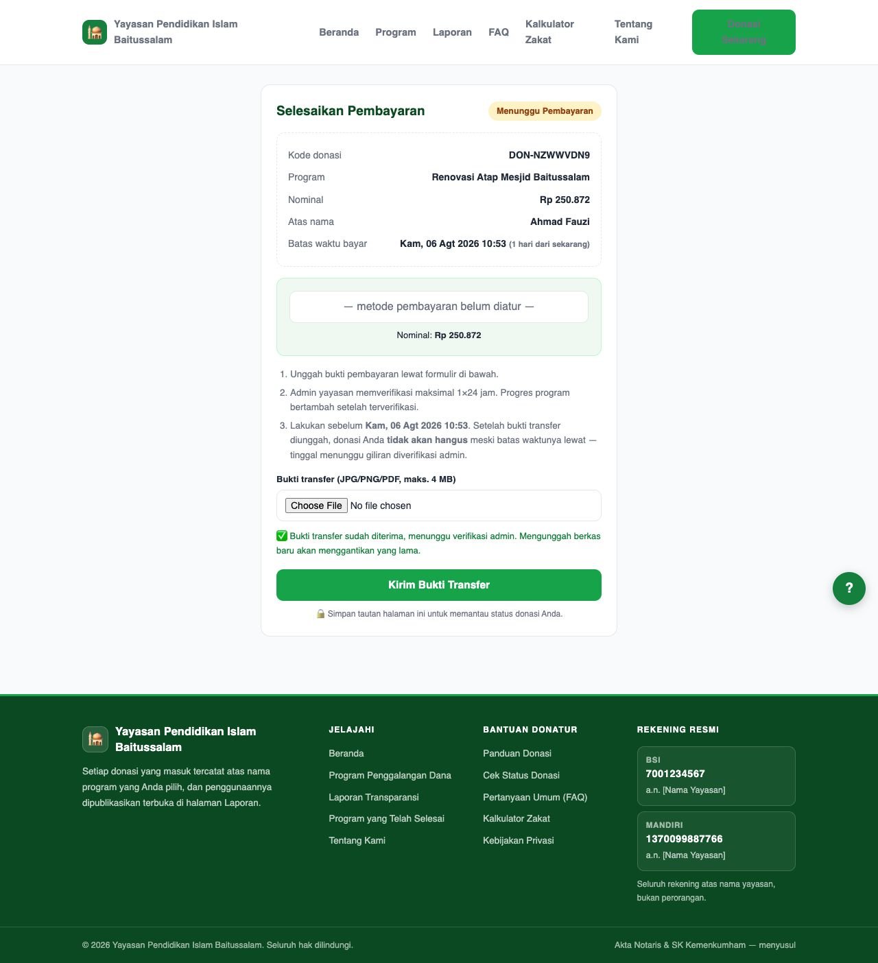 Halaman instruksi pembayaran setelah bukti transfer diunggah